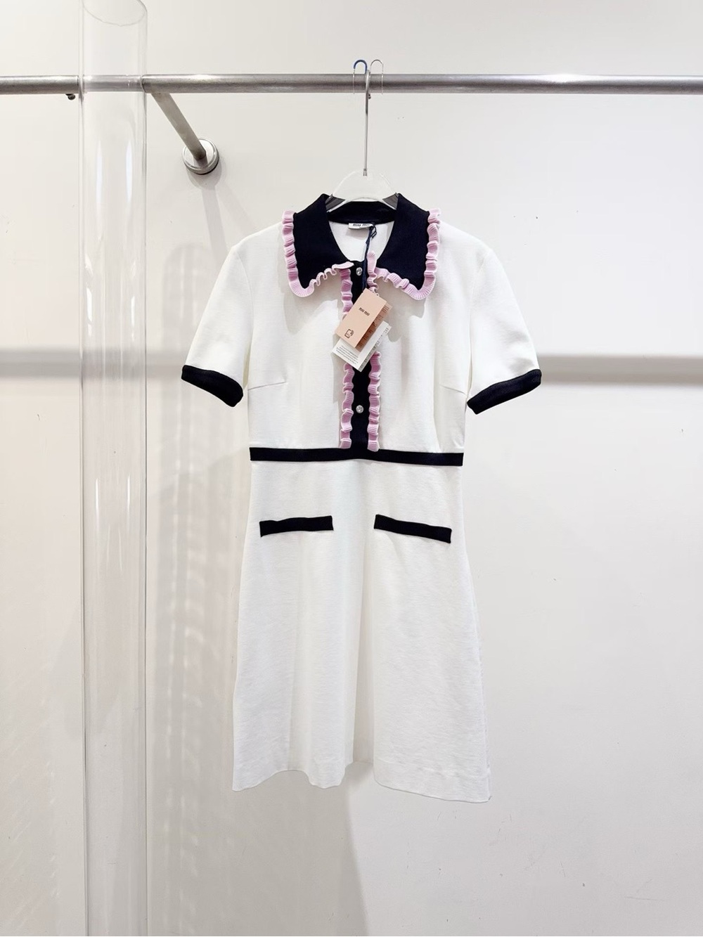 Miu Miu White Knit Dress with Black Trim and Pink Ruffle Collar